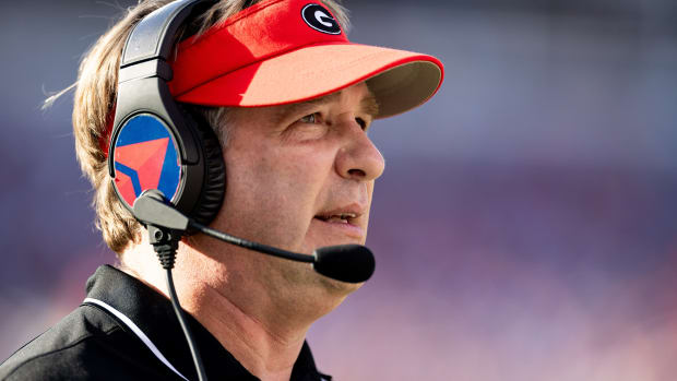 Georgia Bulldogs head coach Kirby Smart looks on during the first half against the Florida Gators at Everbank Stadium in Jacksonville, FL on Saturday, October 28, 2023. [Matt Pendleton/Gainesville Sun]